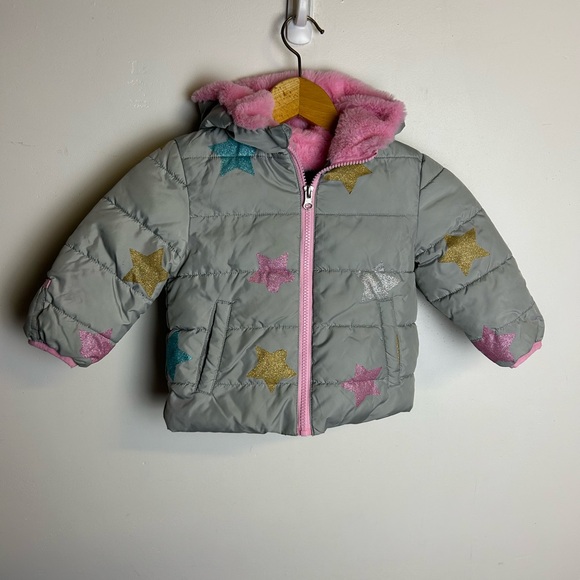 Swiss Tech Little girl Fleece puffer Jacket Size 12M winter Comfy pink gray - Picture 1 of 15